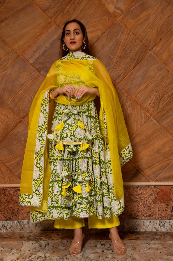 Women's Peela Phool Cotton Tiered Anrkali Set - Pomcha Jaipur