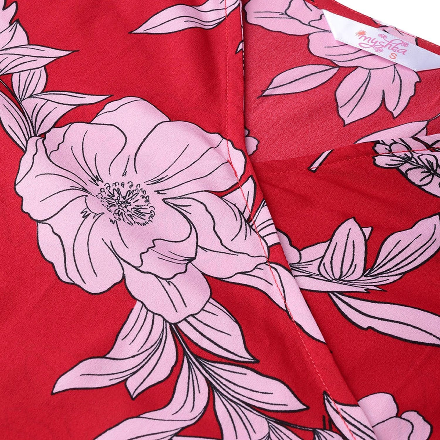 Women's Red Polyester Printed Half Sleeve V Neck Casual Dress - Myshka
