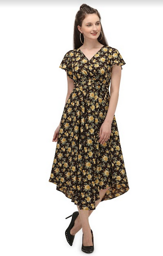 Women's Dark Coffee Floral Printed Long Maxi Dress - MESMORA FASHIONS