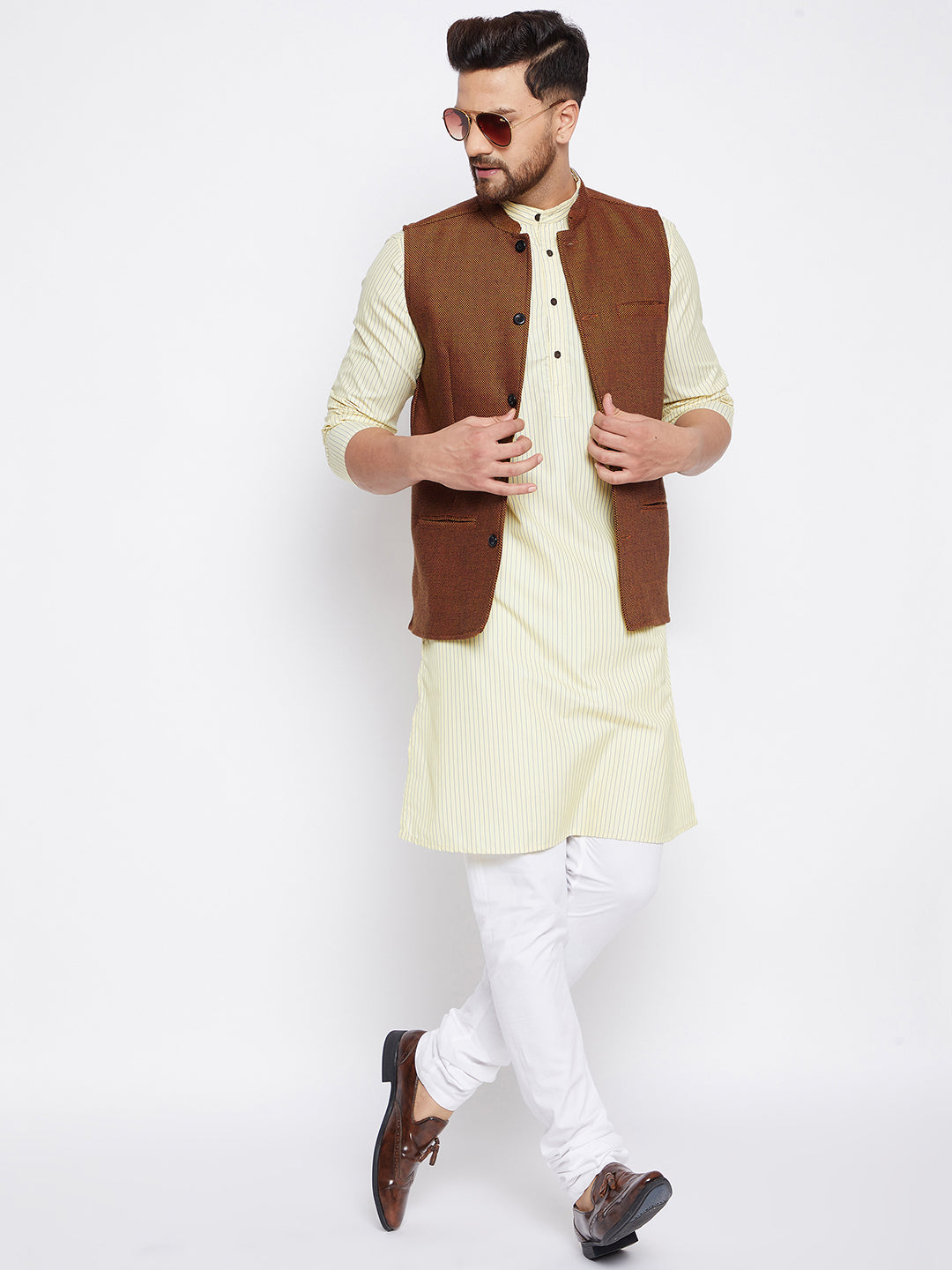 Men's Bronze Woven Design Nehru Jacket - Even Apparels