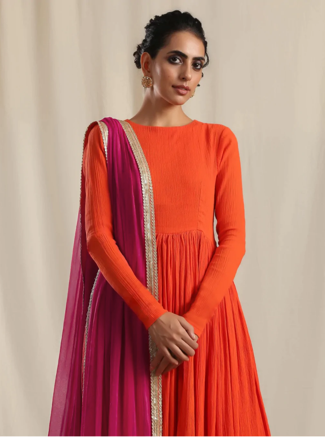 Women's Orange Crinkle Flared Kurta Pant Dupatta Set