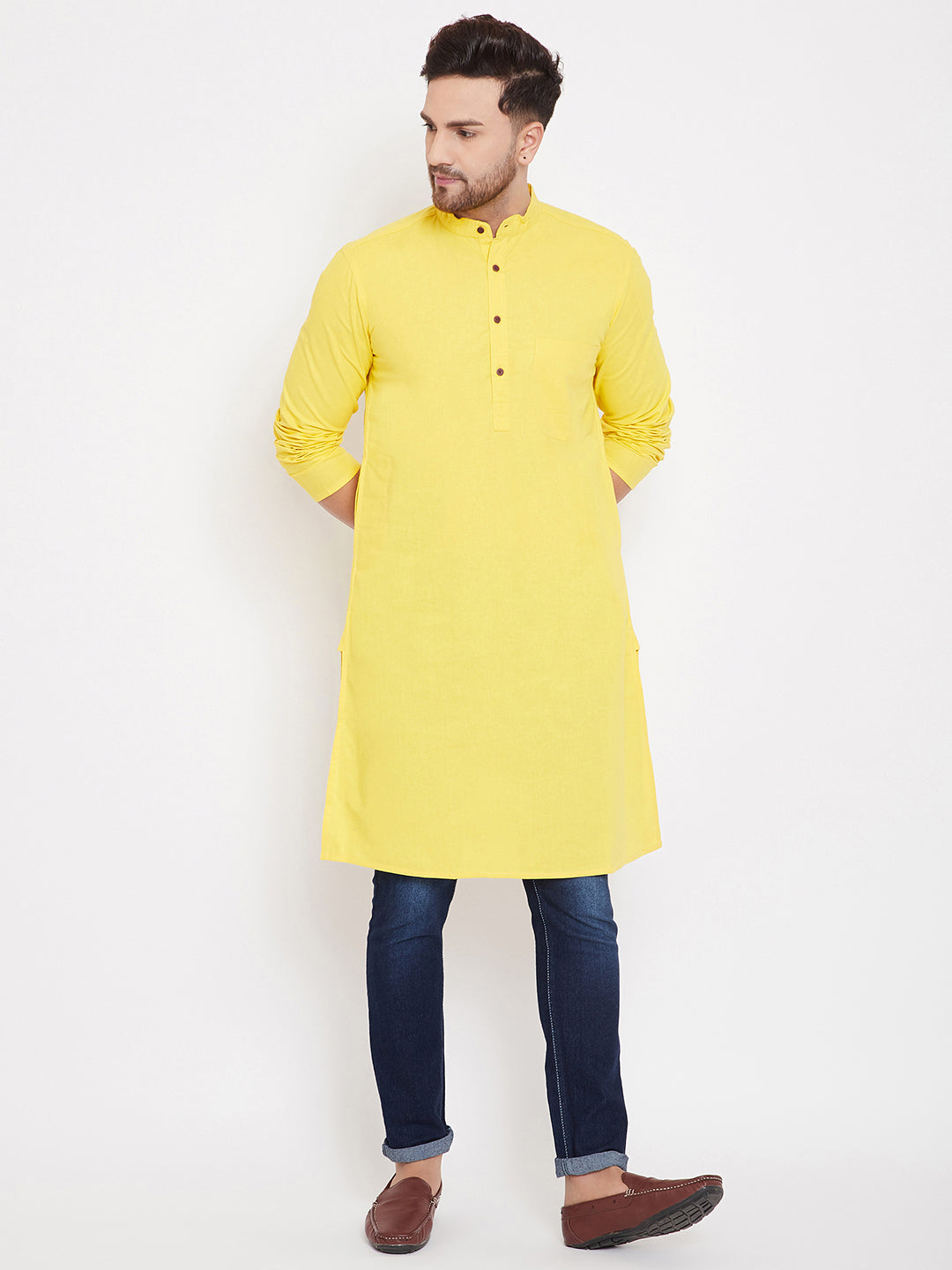 Men's Cotton Solid Yellow Kurta