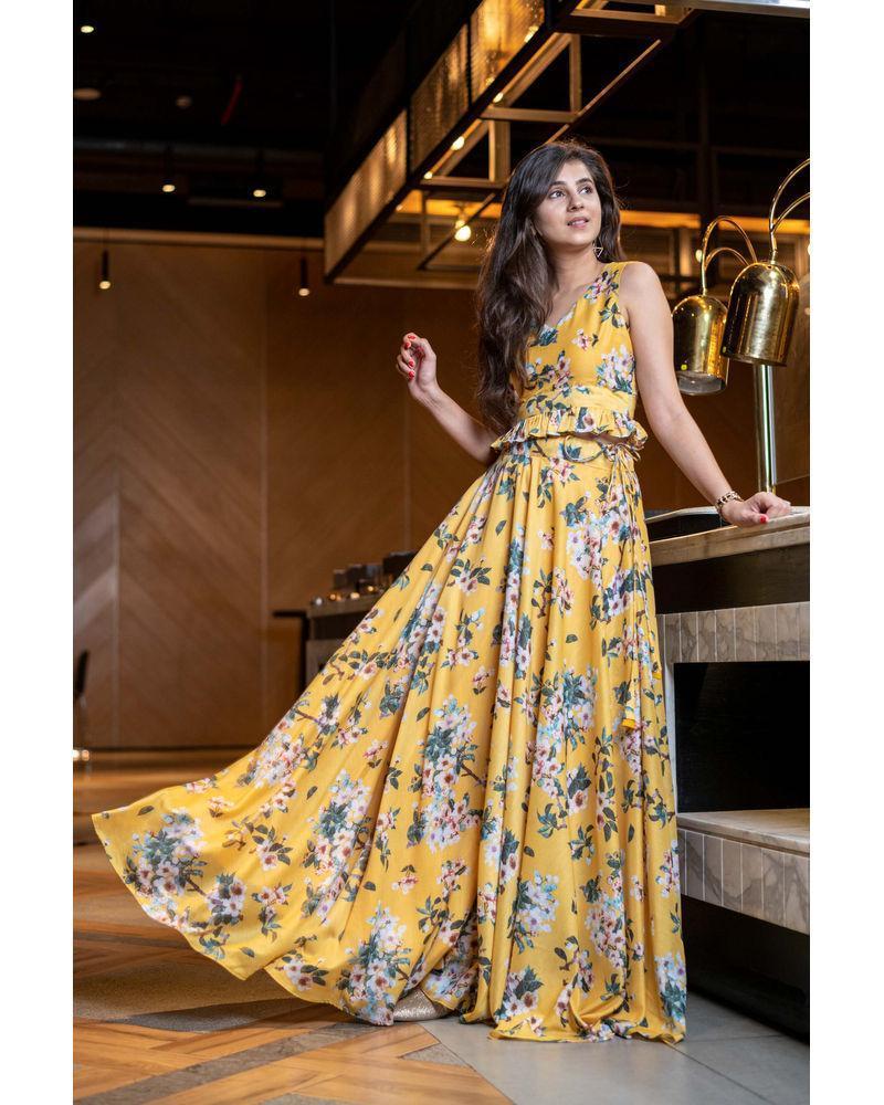 Women's Yellow Floral Affair Ruffle Top With Skirt - Label Shaurya Sanadhya