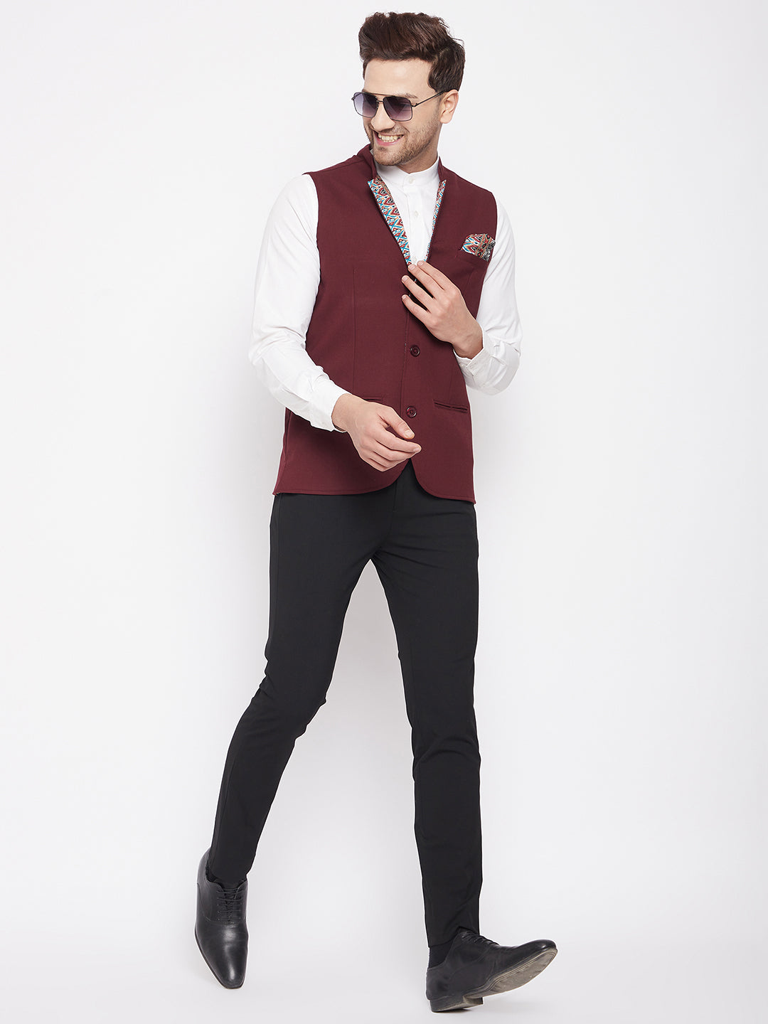 Men's Maroon Color Nehru Jacket-Contrast Lining-Inbuilt Pocket Square - Even Apparels