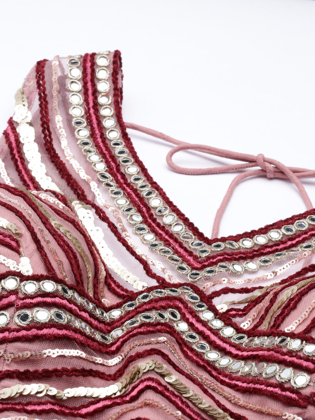 Women's Maroon Net Zig-Zag Embroideried Work Lehenga,Blouse & Dupatta - Royal Dwells