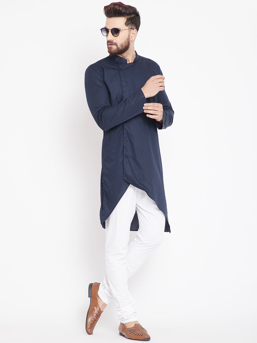 Men's Dark Grey Asymmetrical Cotton Kurta