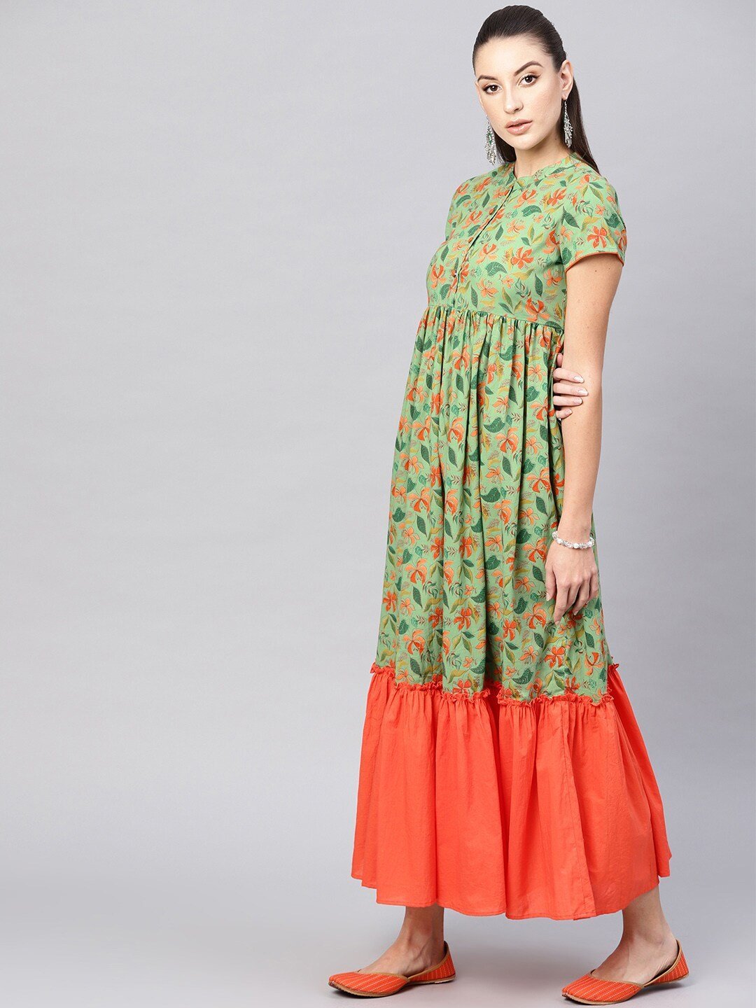 Women's  Green & Orange Floral Printed Maxi Dress - AKS