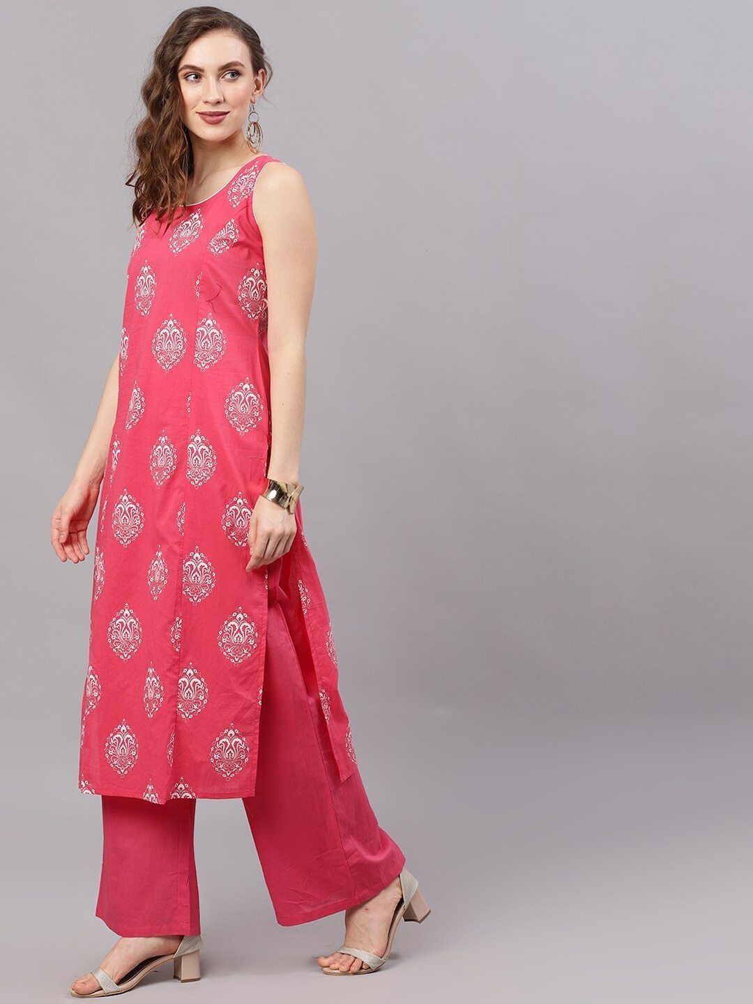 Women's  Pink and Silver Khari print Kurta with solid Palazzo- AKS