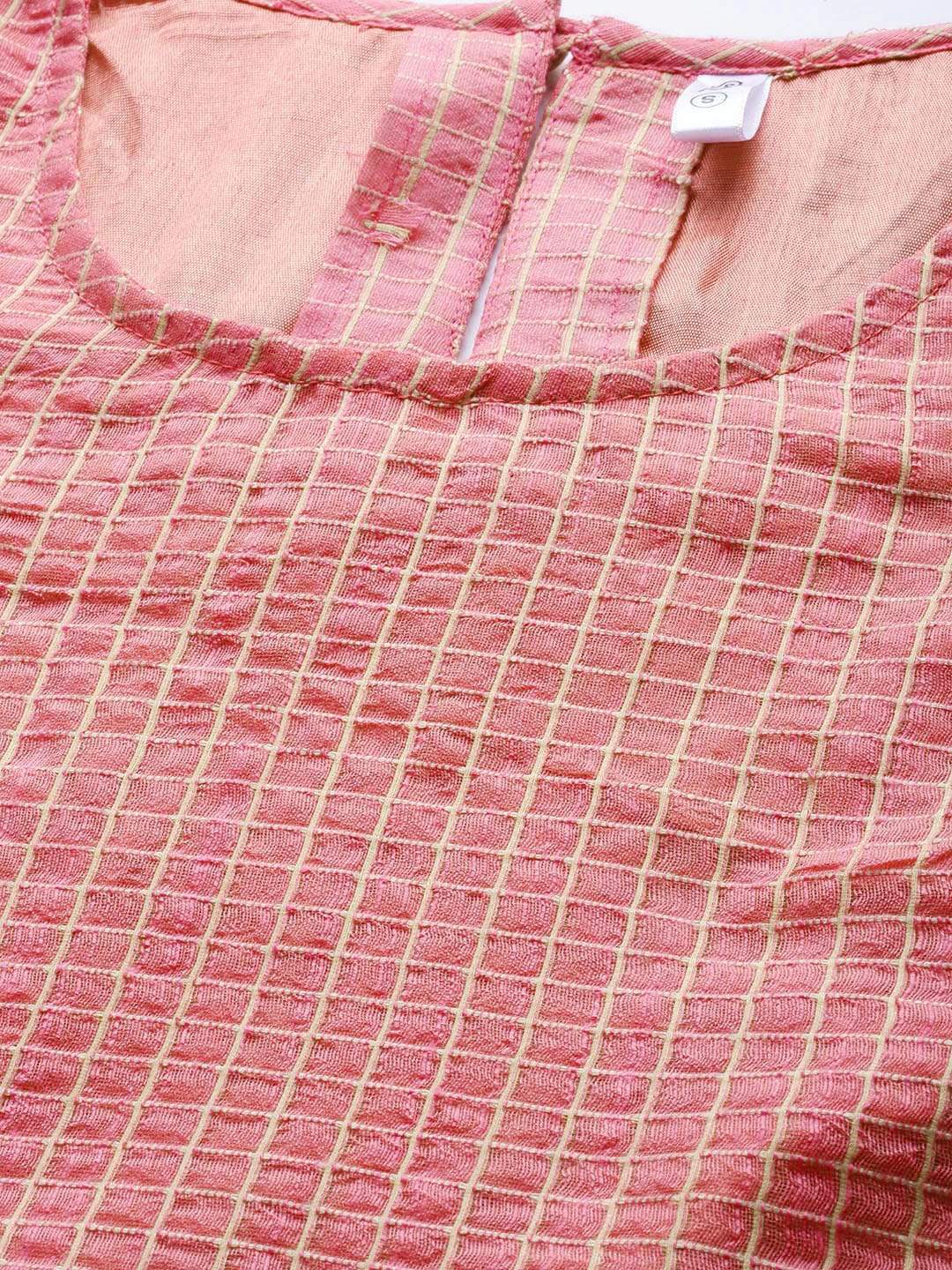 Women's  Pink & Beige Checked Straight Kurta - AKS