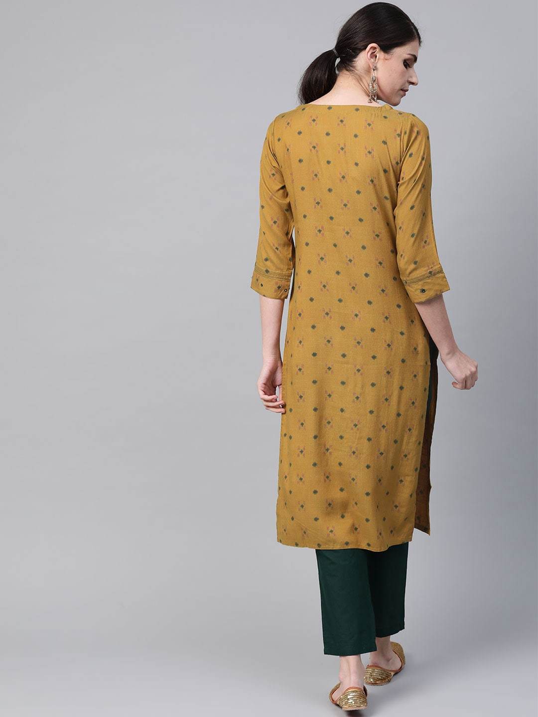 Women's Mustard Yellow & Green Woven Design Kurta with Trousers - Meeranshi