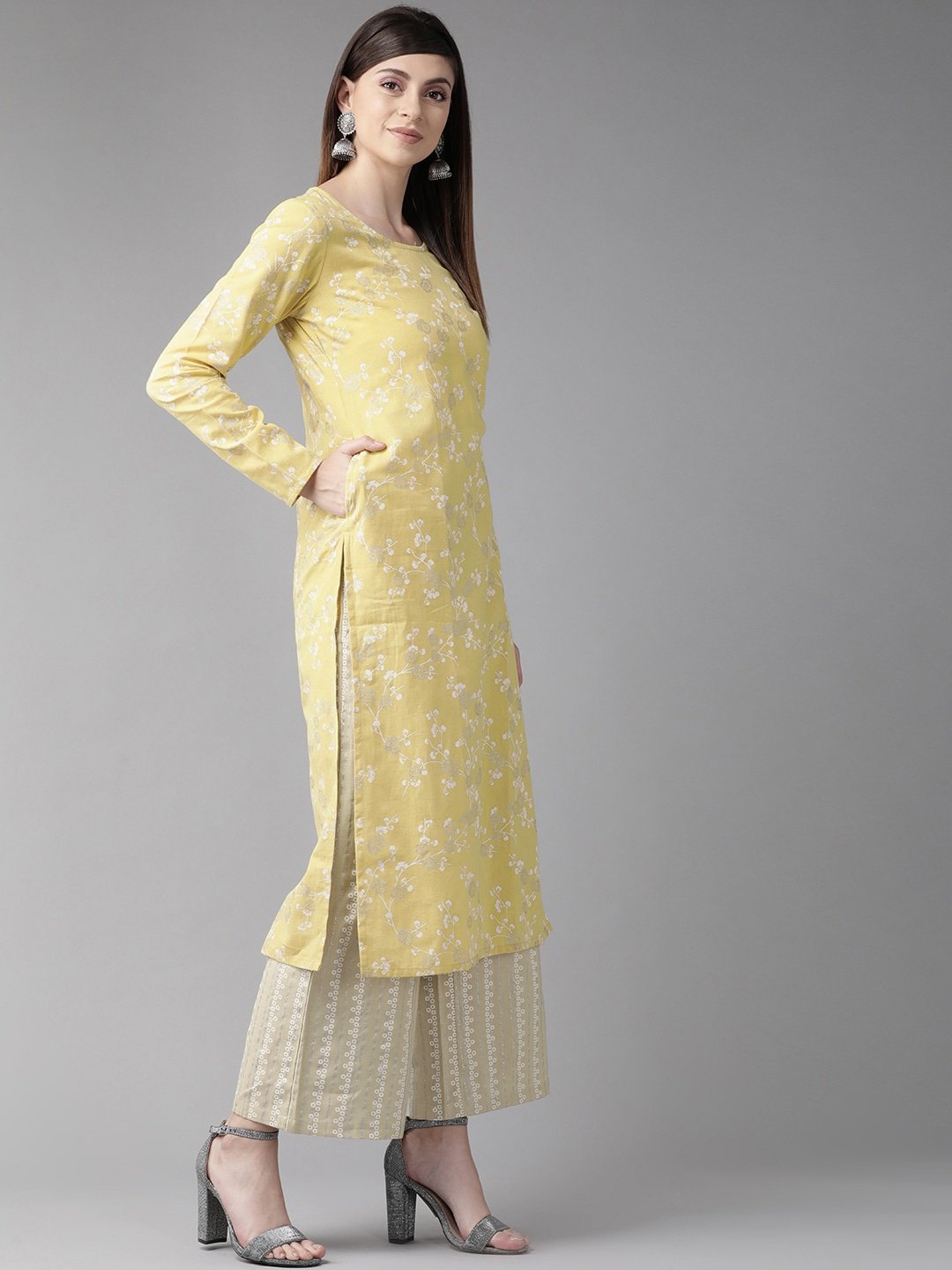 Women's  Yellow & White Floral Print Straight Kurta - AKS