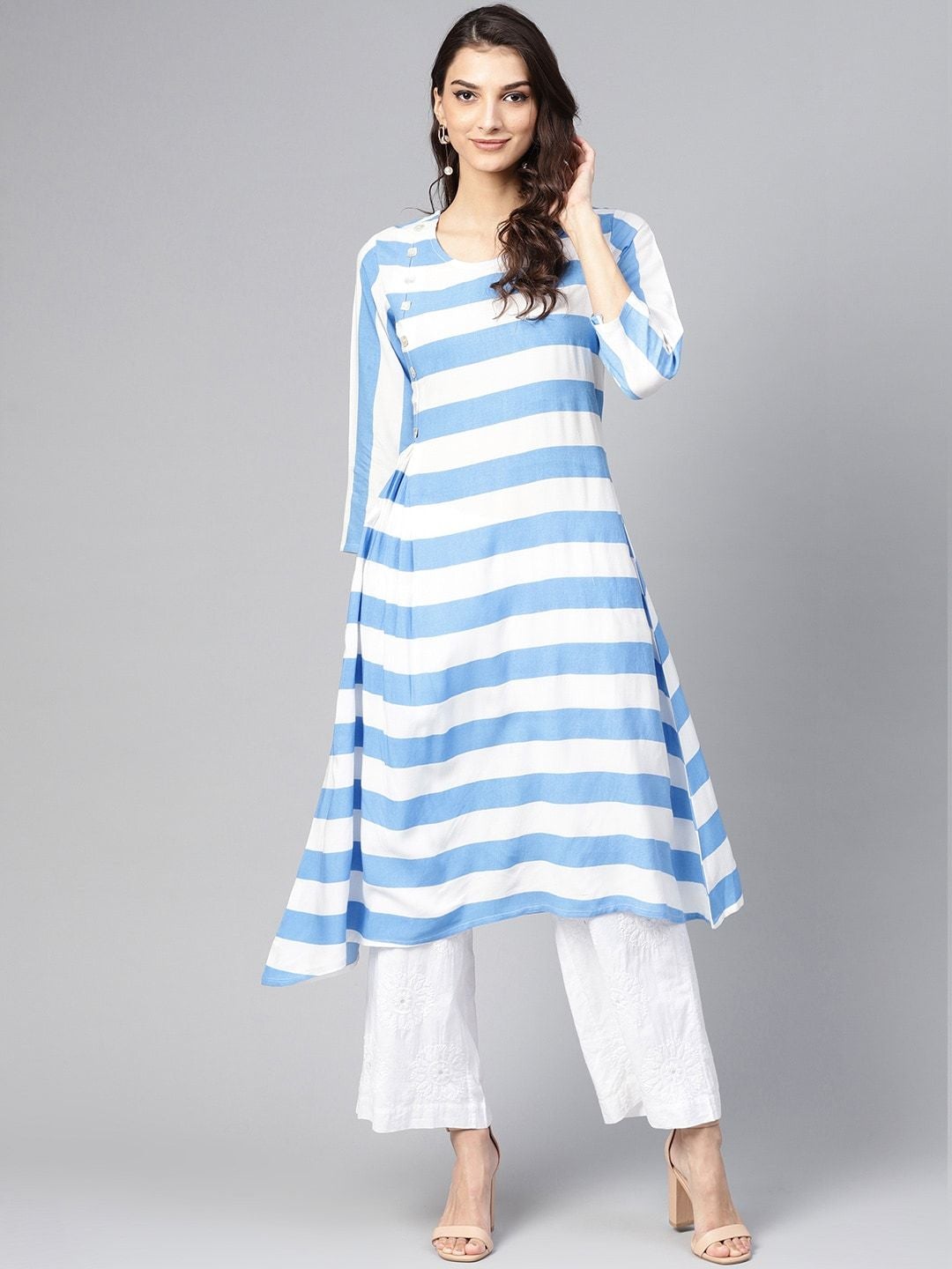 Women's Blue & White Striped A-Line Kurta - Meeranshi