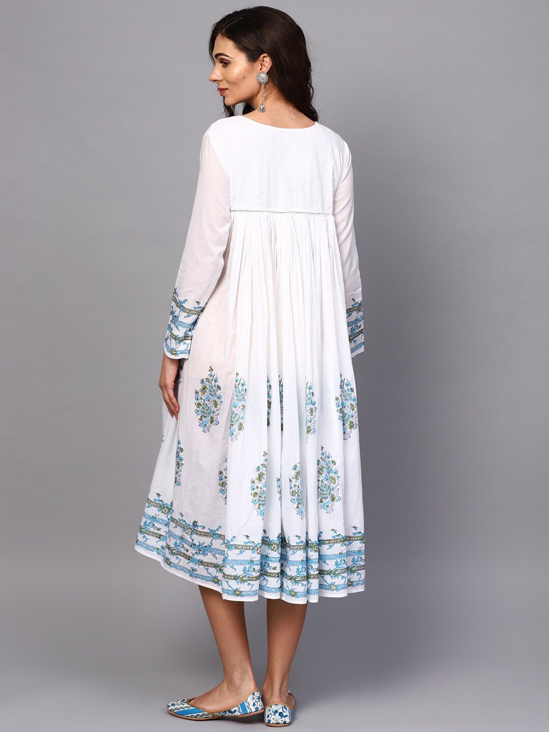Women's  White & Blue Printed A-Line Dress - AKS