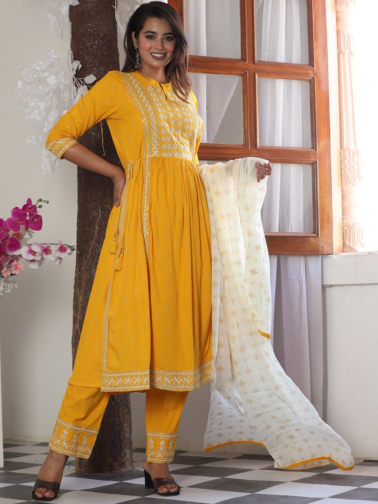 Women's Ethnic Motifs Embroidered Empire Kurta With Palazzos & Dupatta