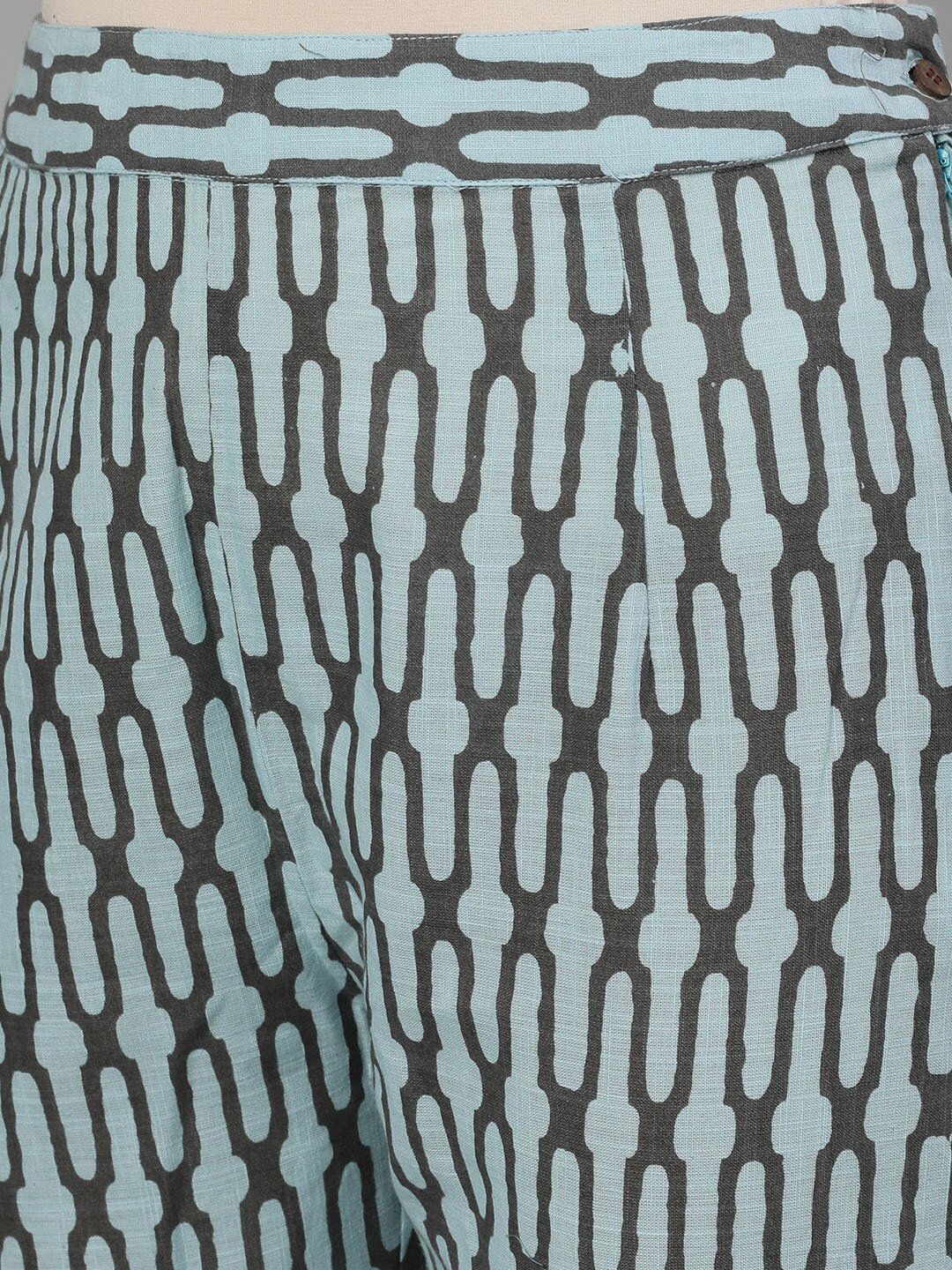 Women's  Grey & Blue Printed Kurta with Trousers - AKS