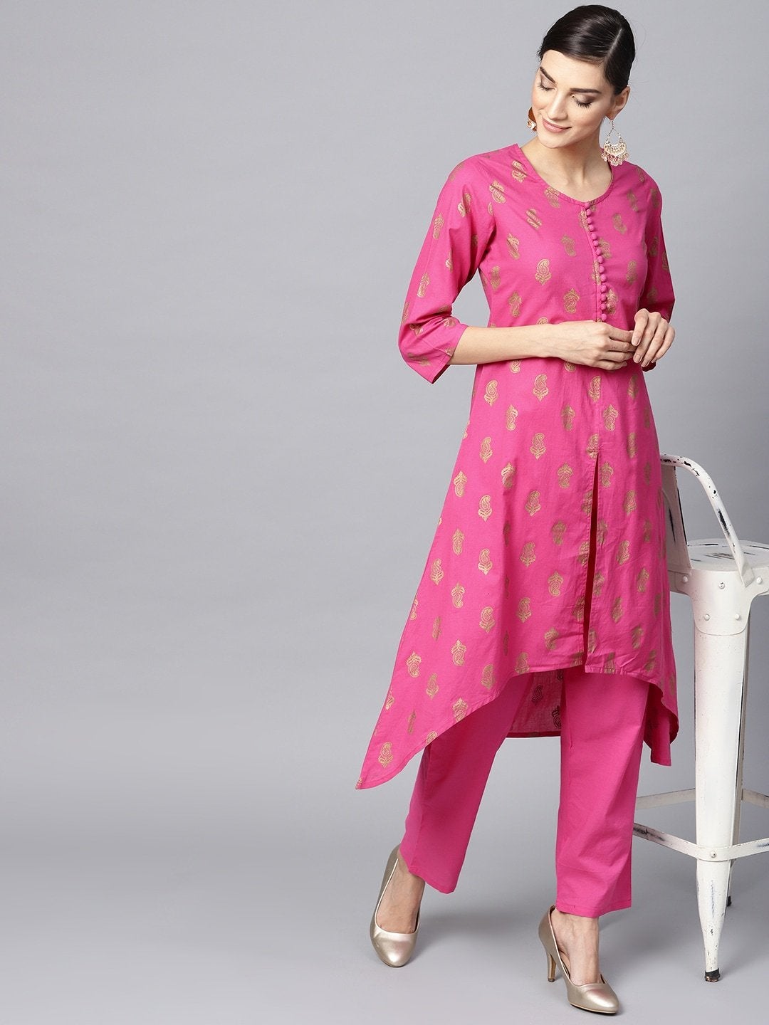 Women's Pink & Golden Printed Kurta with Trousers - Meeranshi