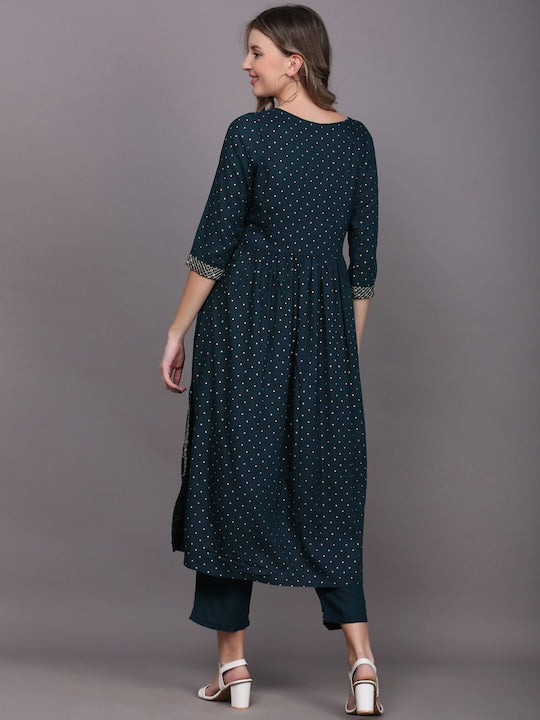 Women's Blue Ethnic Motifs Embroidered Pleated Kurta With Trousers & With Dupatta