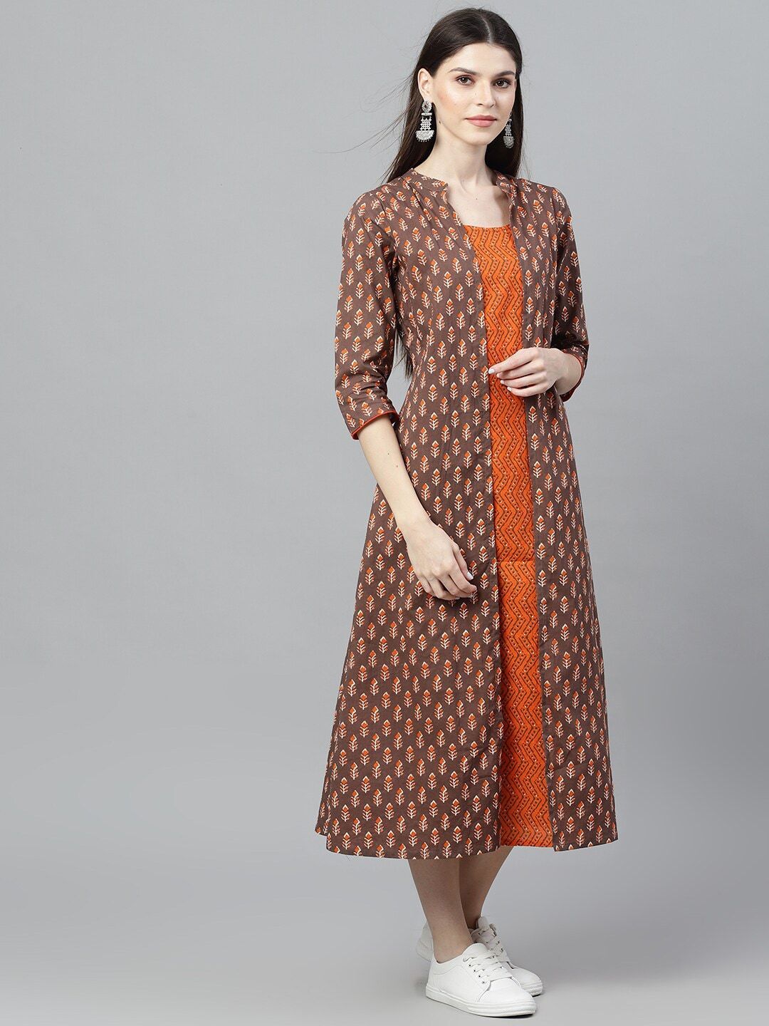Women's  Brown Printed A-Line Dress - AKS
