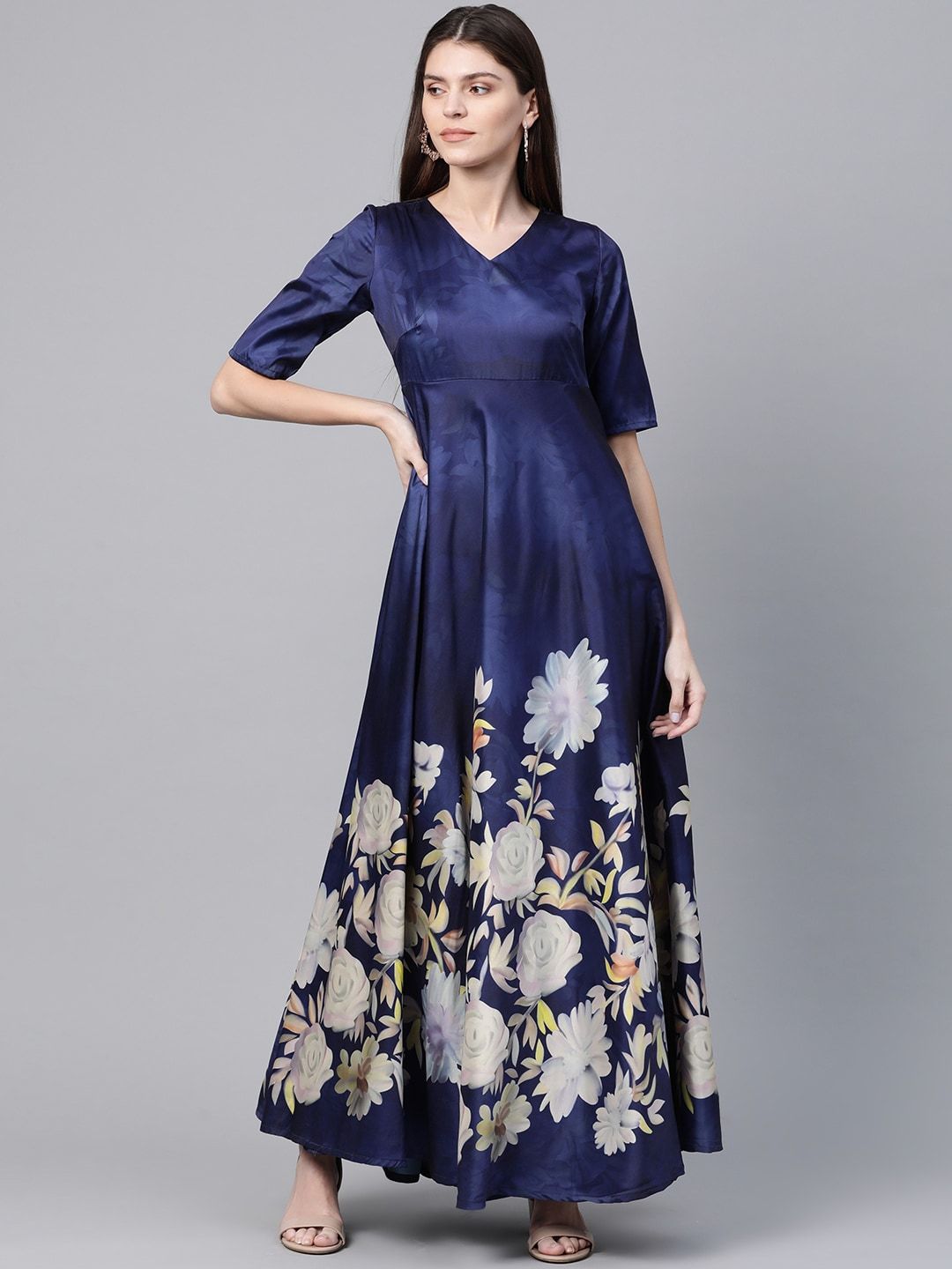 Women's  Navy Blue & White Digital Floral Print Maxi Dress - AKS