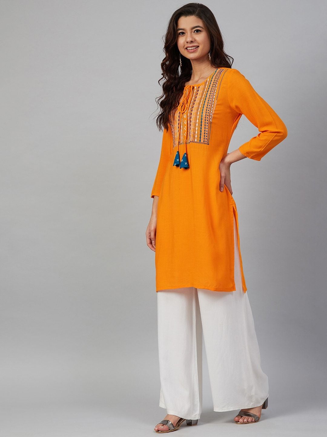 Women's Orange & Navy Blue Yoke Design Straight Kurta - Meeranshi