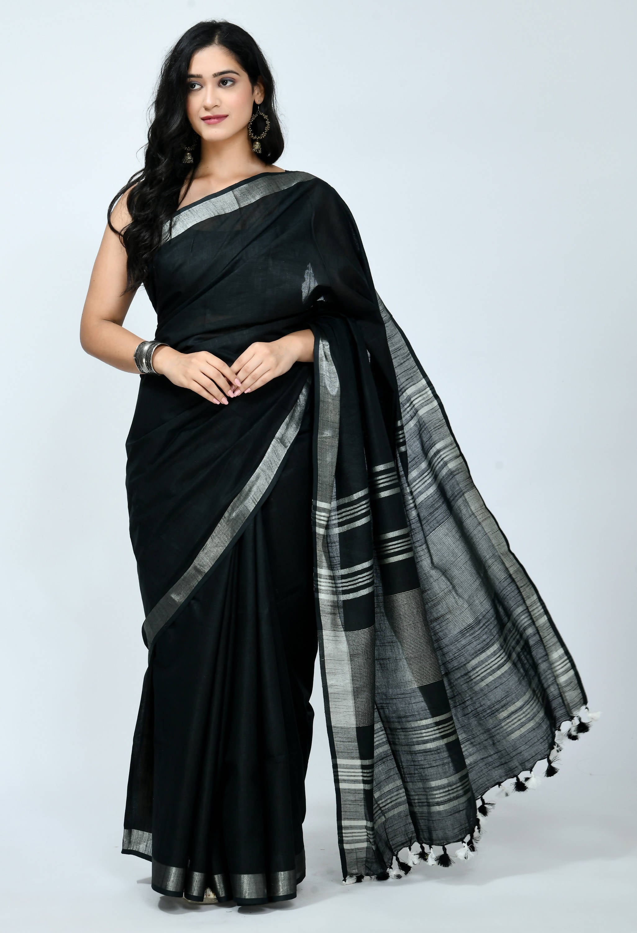 Women's Bhagalpuri Handloom Cotton Black Color Saree Mfsaree_031 - Moeza