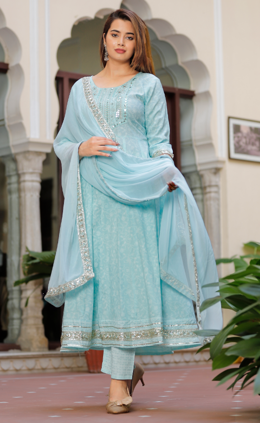 Women's Sky Blue Anarkali Embroidered Kurta With Pant And Dupatta Set