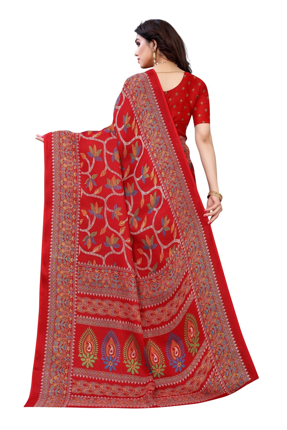 Women's Printed Jute Silk Red Saree - Vamika