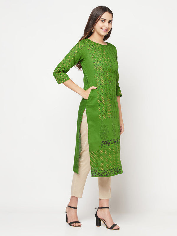 Women's Cotton Block print straight kurta,Green-Aniyah
