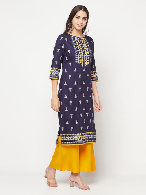 Women's Rayon Screen print straight kurta,Navy Bl