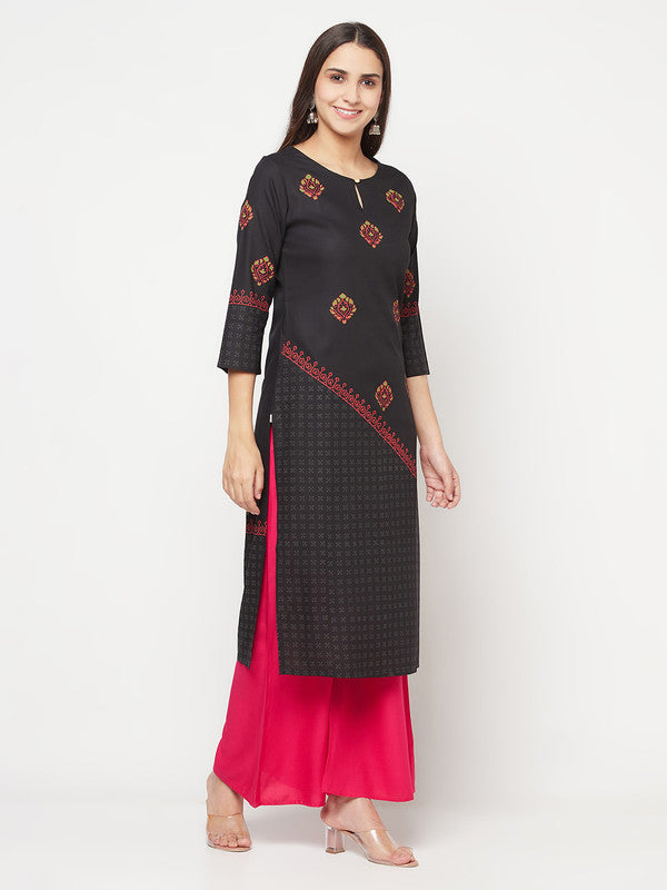 Women's Rayon Block print straight kurta,Bla