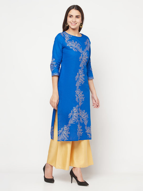 Women's Cotton Foil print straight kurta,Royal Blue-Aniyah