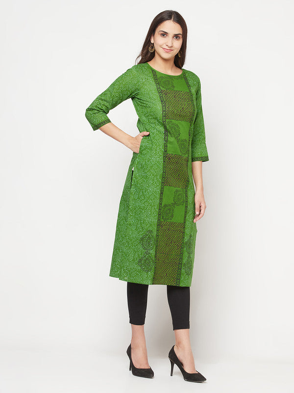 Women's Cotton Block print straight kurta,Gre