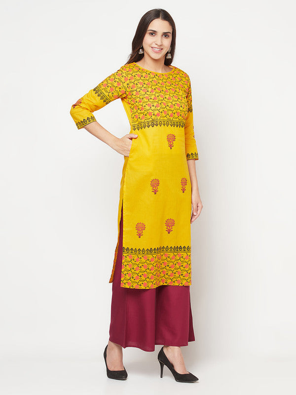 Women's Cotton Block print straight kurta,Musta