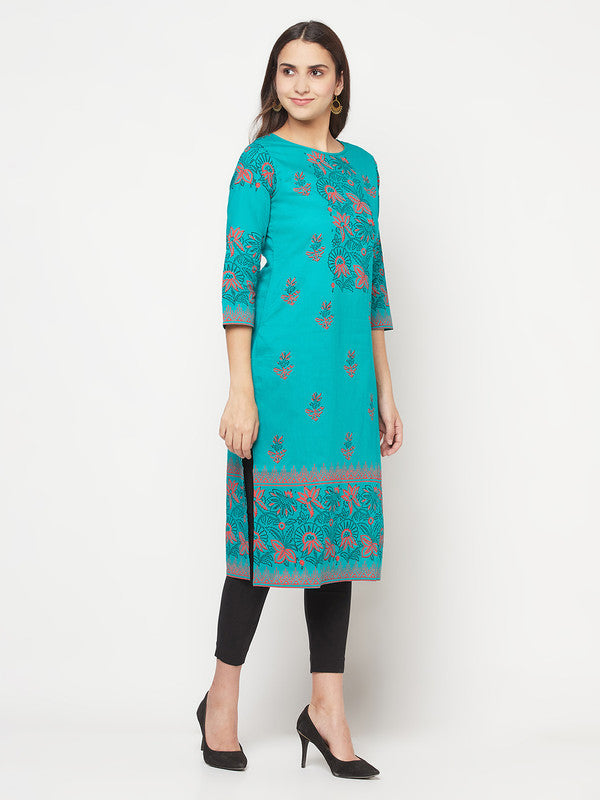 Women's Cotton Block print straight kurta,Turquoi