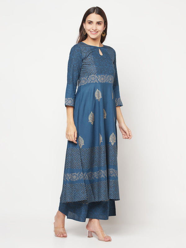 Women's Rayon Block print Anarkali palazzo set,Bl