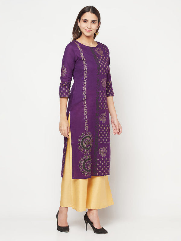 Women's Cotton Foil print straight kurta,Purp