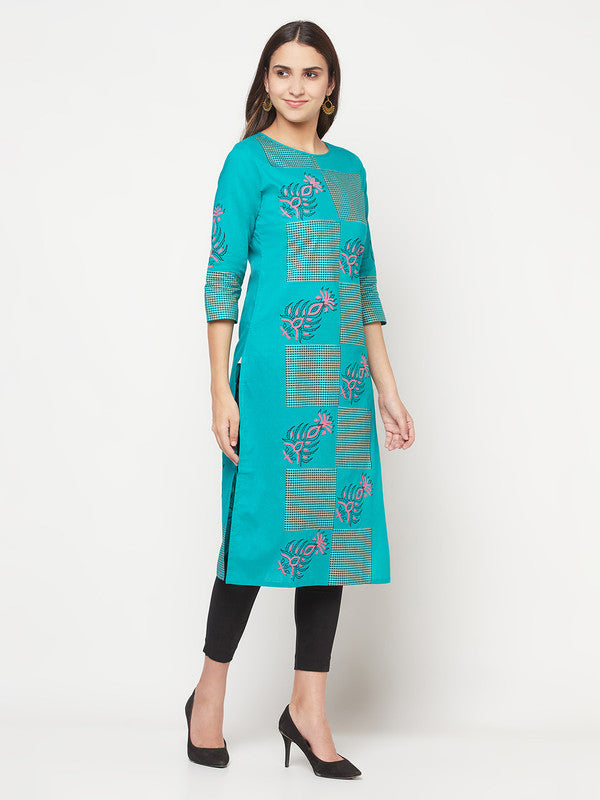 Women's Cotton Block print straight kurta,Turquoi