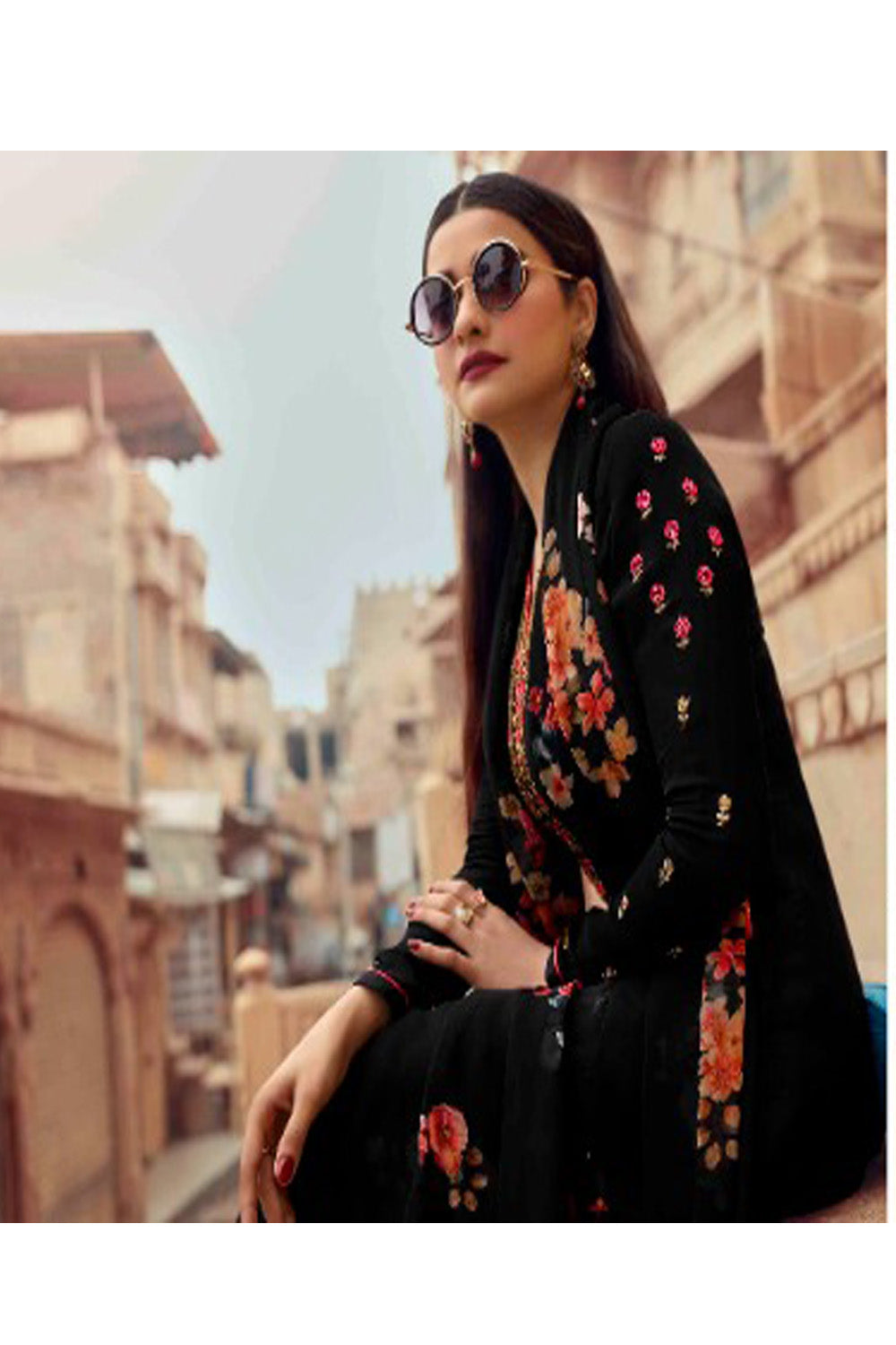 Women's Black  Embroidered Silk Crepe Semi Stiched Salwar Suit - Fashion Forever