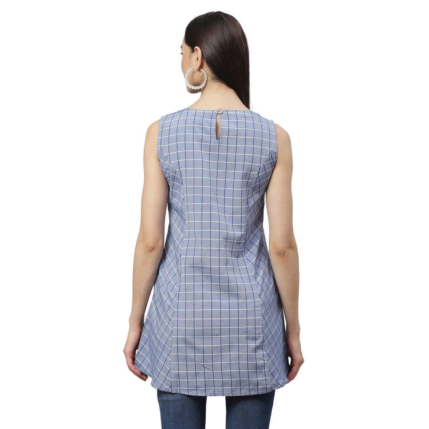 Women's Blue Cotton Check Sleeveless Round Neck Casual Top - Myshka