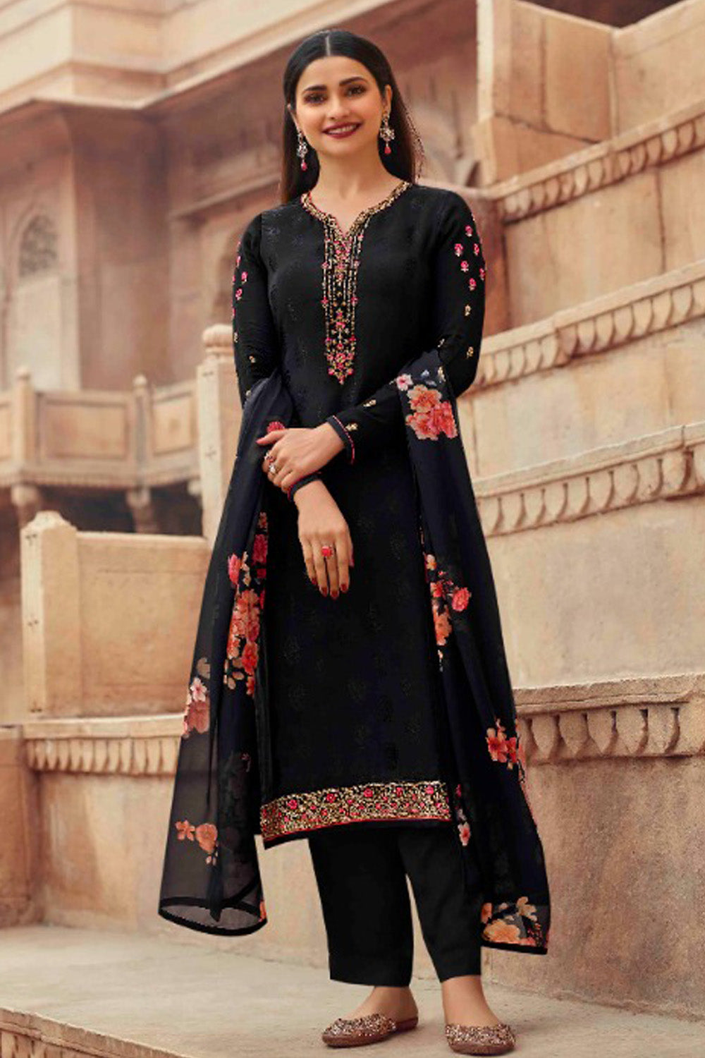 Women's Black  Embroidered Silk Crepe Semi Stiched Salwar Suit - Fashion Forever
