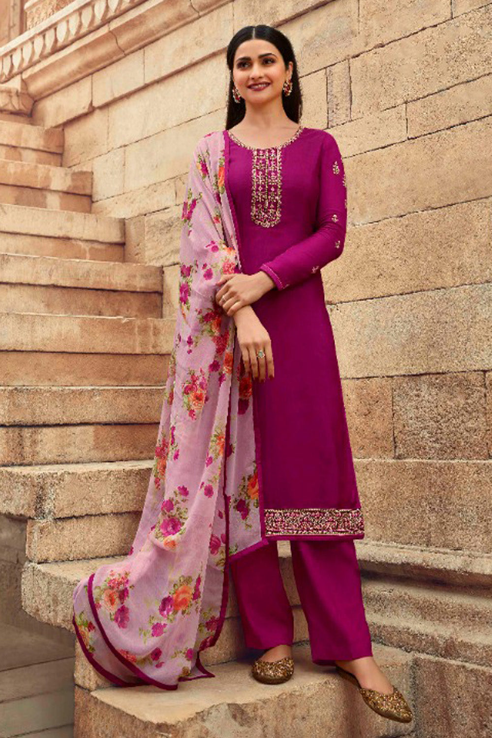 Women's Pink  Embroidered Silk Crepe Semi Stiched Salwar Suit - Fashion Forever