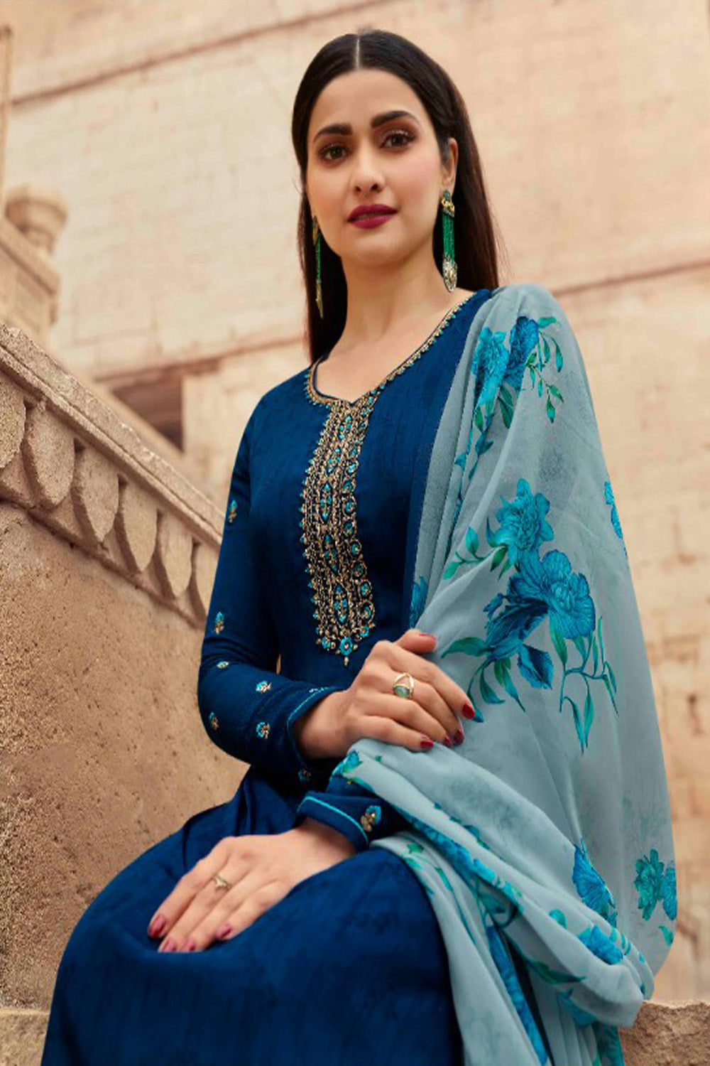 Women's Blue Embroidered Silk Crepe Semi Stiched Salwar Suit - Fashion Forever