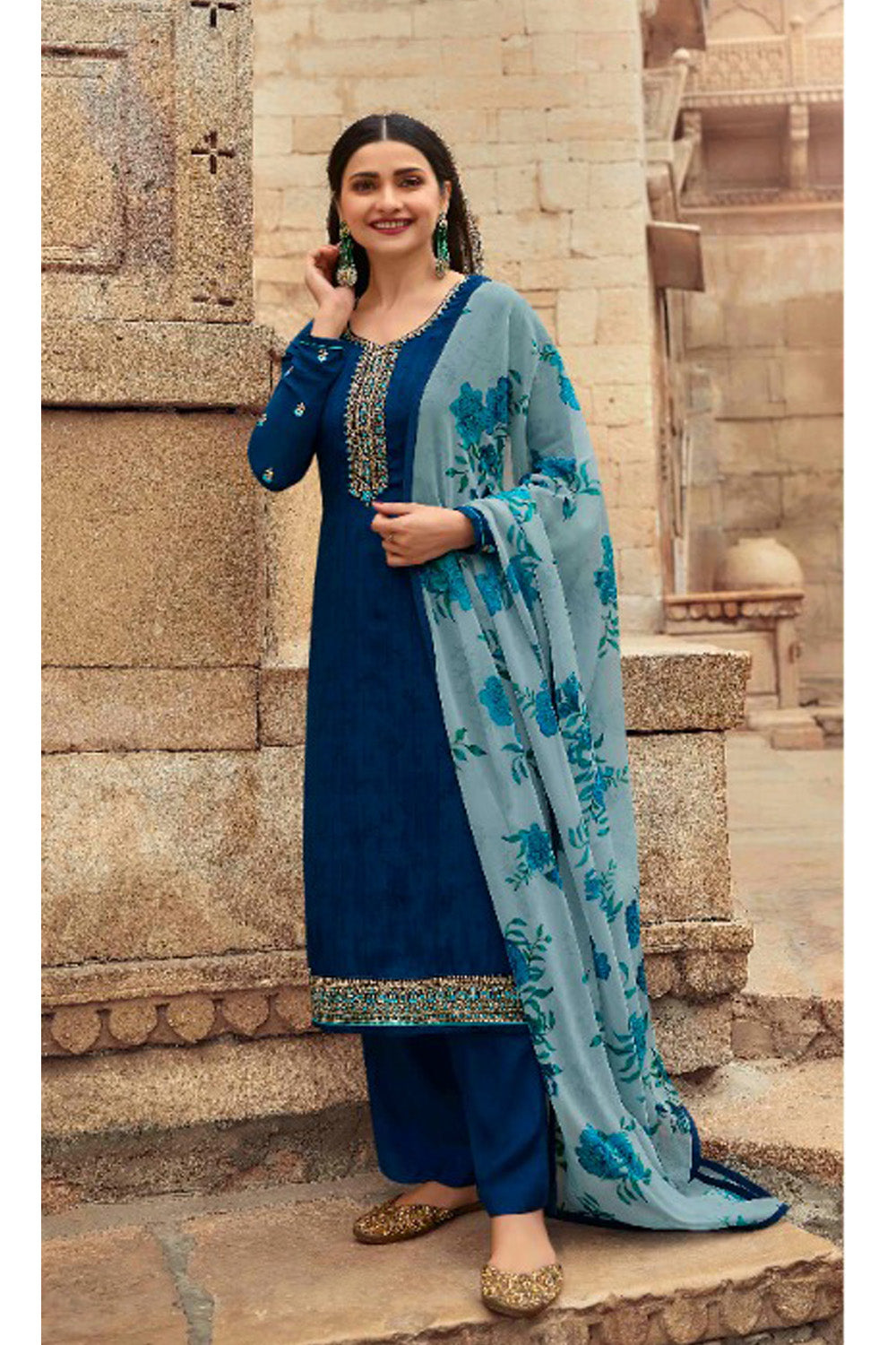 Women's Blue Embroidered Silk Crepe Semi Stiched Salwar Suit - Fashion Forever