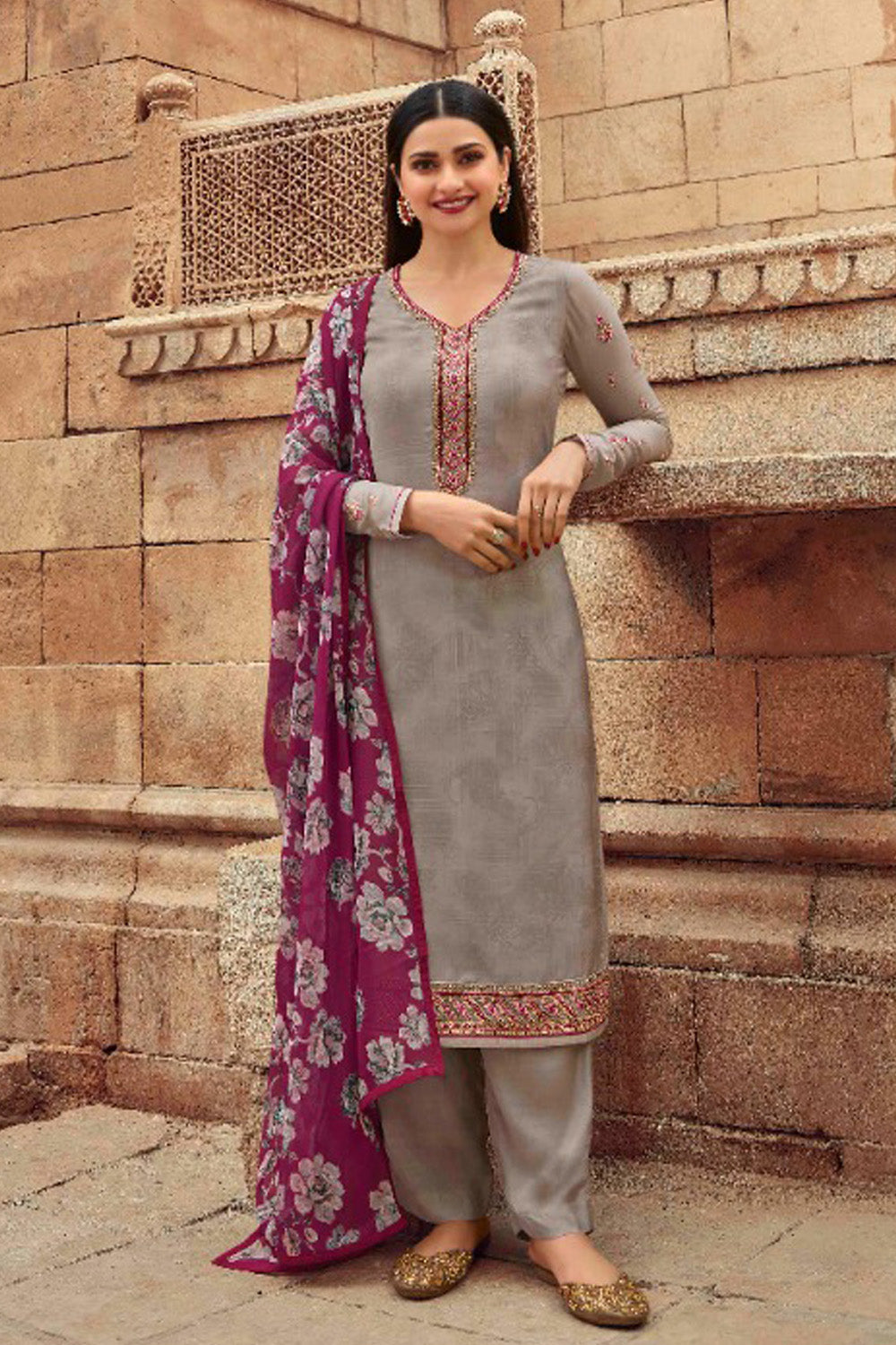 Women's Grey  Embroidered Silk Crepe Semi Stiched Salwar Suit - Fashion Forever