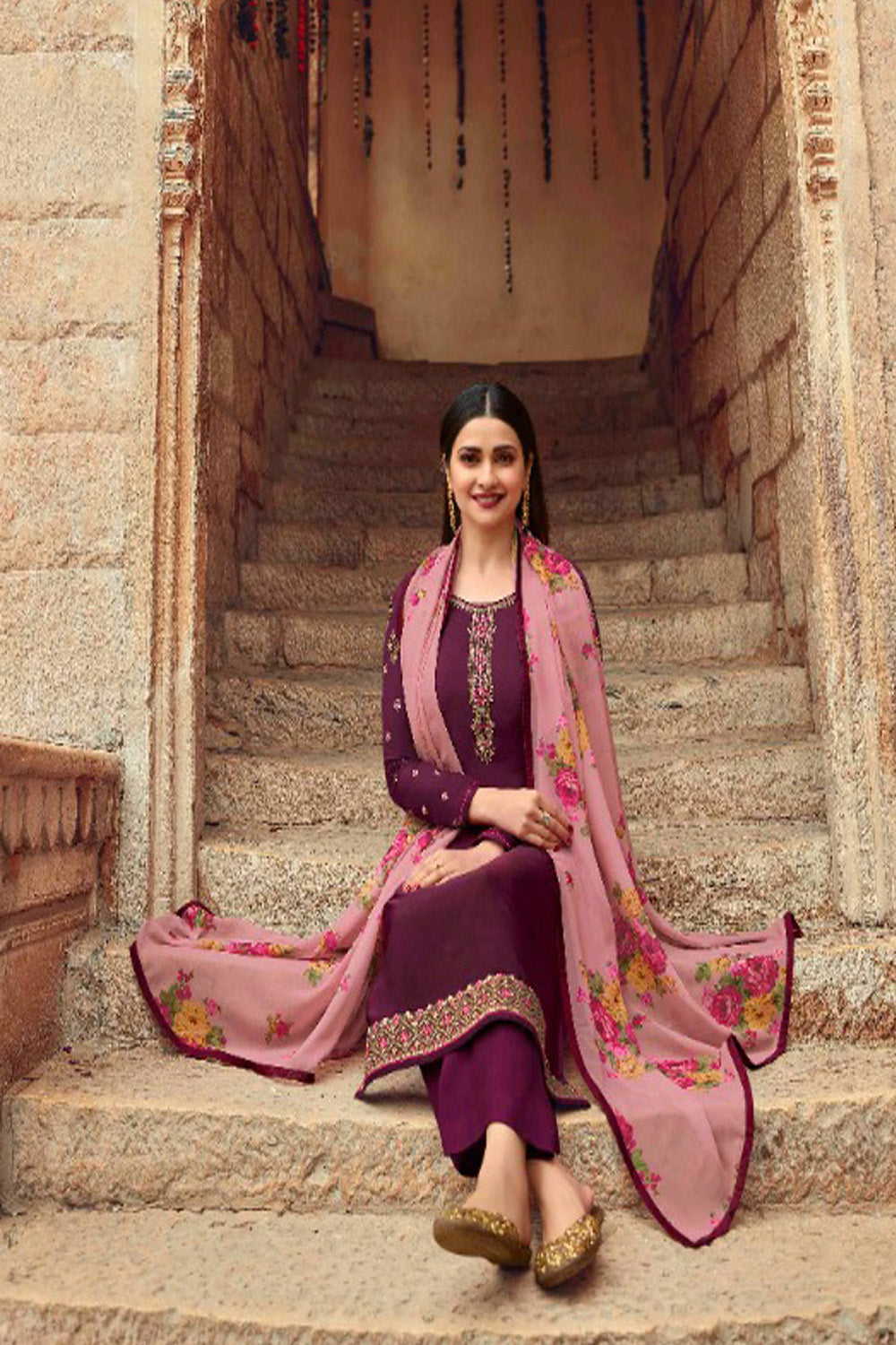 Women's Maroon  Embroidered Silk Crepe Semi Stiched Salwar Suit - Fashion Forever