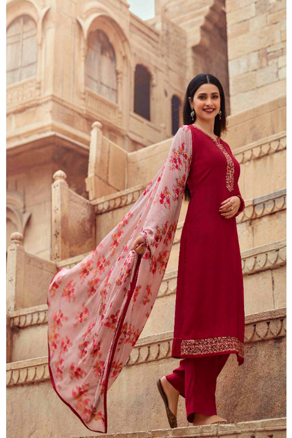 Women's Red Embroidered Silk Crepe Semi Stiched Salwar Suit - Fashion Forever