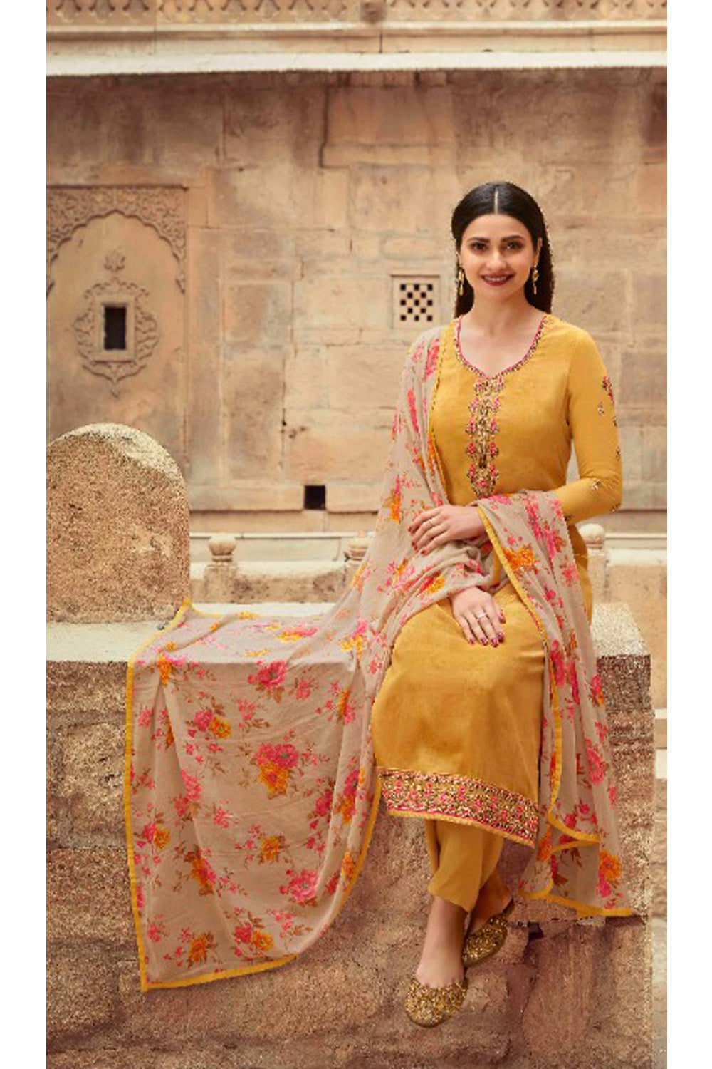 Women's Yellow Embroidered Silk Crepe Semi Stiched Salwar Suit - Fashion Forever