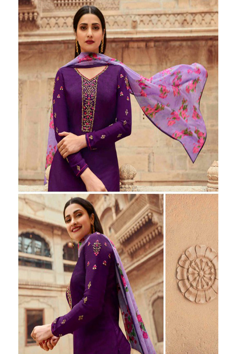 Women's Purple Embroidered Silk Crepe Semi Stiched Salwar Suit - Fashion Forever