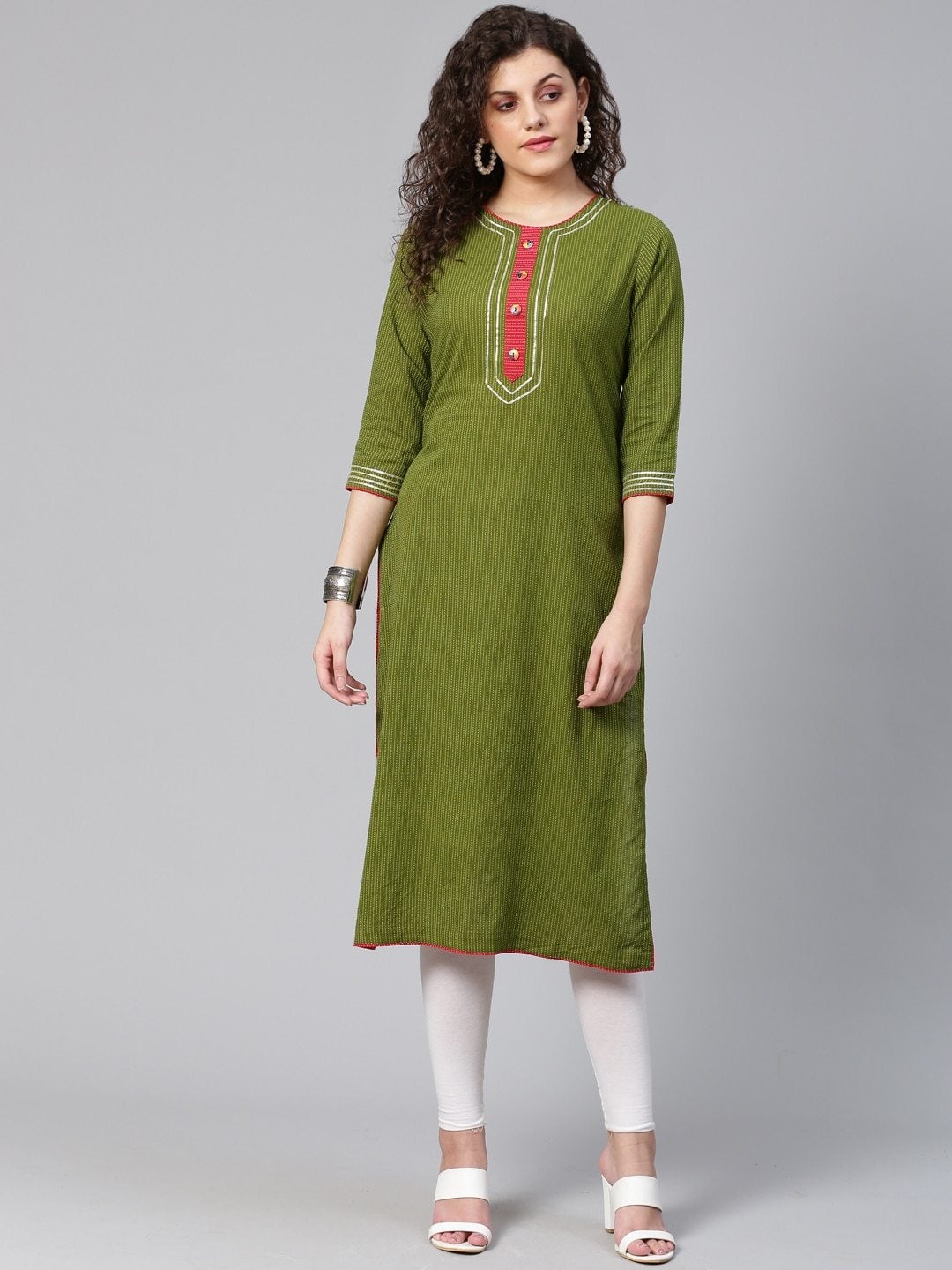 Women's Olive Green Striped Straight Kurta - Meeranshi