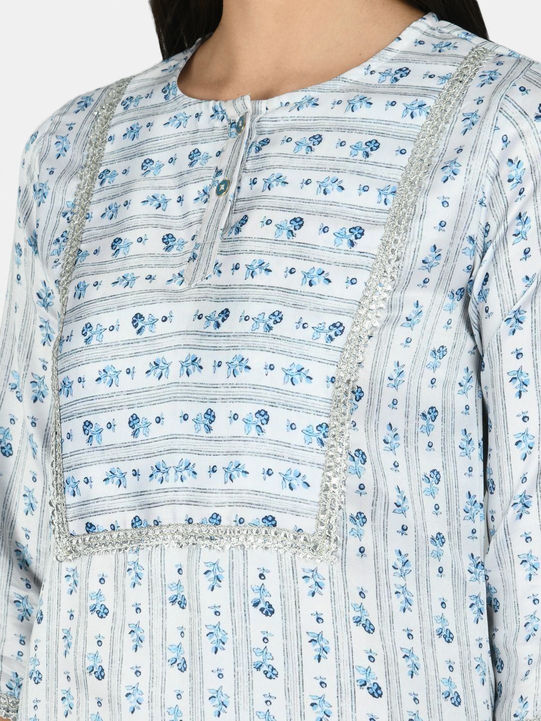 Women's Blue Silk Printed 3/4 Sleeve Round Neck Casual Kurta Palazzo Dupatta Set - Myshka